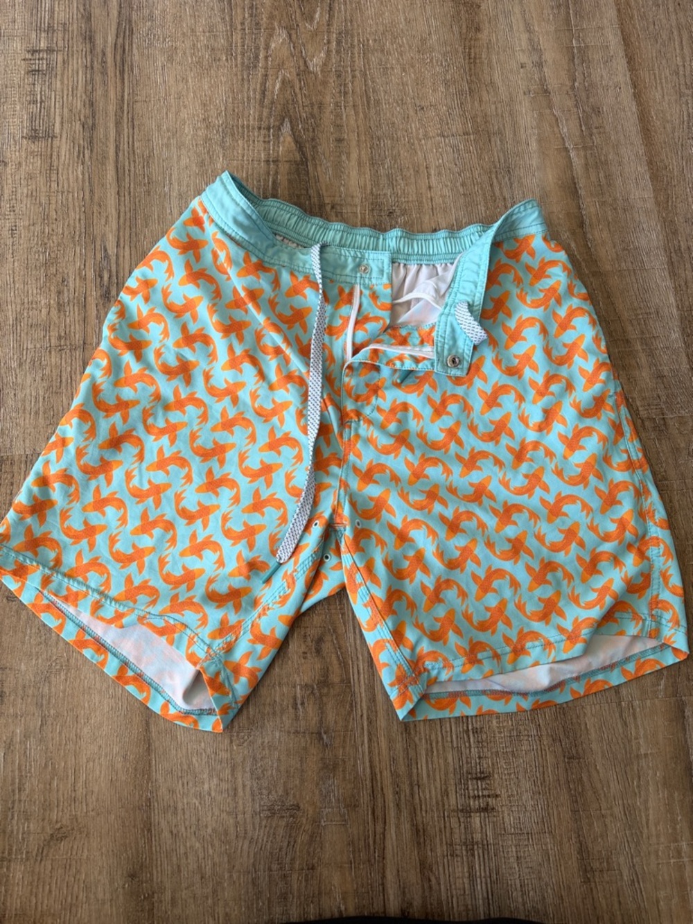 Men's Aqua & Orange Pattern Swim Trunks